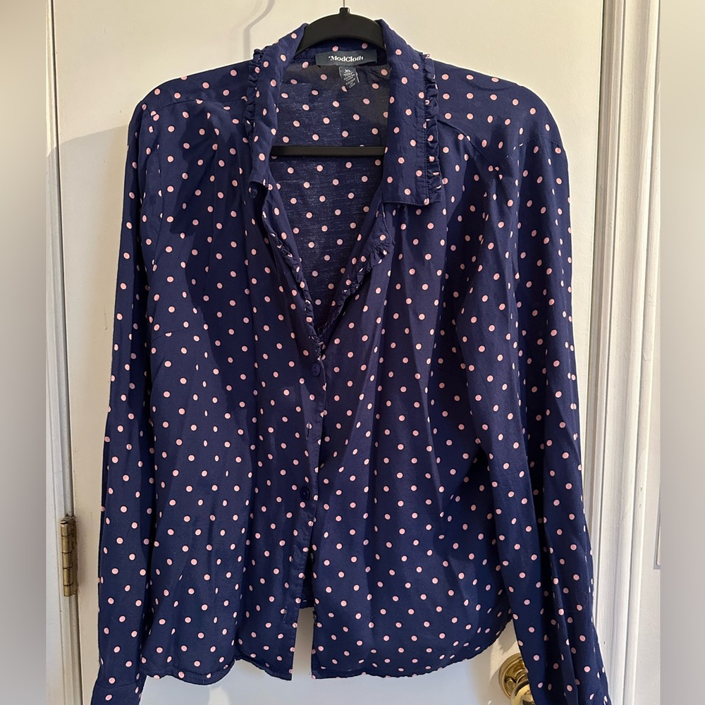 Modcloth Navy Polka Dot Women's Top Size XL Navy Blue Pink Ruffle Button Up